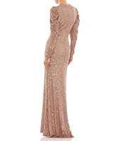 Mac Duggal Sequin Crew Neck Long Puff Drape Sleeve Sheath Gown