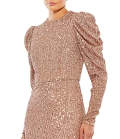 Mac Duggal Sequin Crew Neck Long Puff Drape Sleeve Sheath Gown