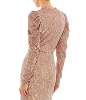 Mac Duggal Sequin Crew Neck Long Puff Drape Sleeve Sheath Gown