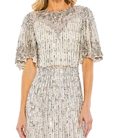 Mac Duggal Sequin Crew Neck Short Flutter Sleeve Midi Dress