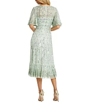 Mac Duggal Sequin Crew Neck Short Flutter Sleeve Midi Dress