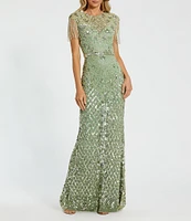 Mac Duggal Sequin Embellished Crew Neck Cap Sleeve Sequin Belt Beaded Fringe Sheath Gown