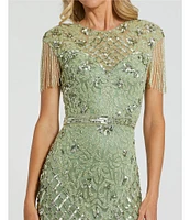 Mac Duggal Sequin Embellished Crew Neck Cap Sleeve Sequin Belt Beaded Fringe Sheath Gown