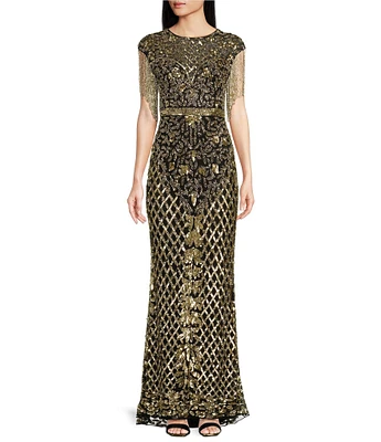 Mac Duggal Sequin Embellished Crew Neck Cap Sleeve Sequin Belt Beaded Fringe Sheath Gown