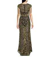 Mac Duggal Sequin Embellished Crew Neck Cap Sleeve Sequin Belt Beaded Fringe Sheath Gown