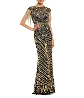 Mac Duggal Sequin Embellished Crew Neck Cap Sleeve Sequin Belt Beaded Fringe Sheath Gown