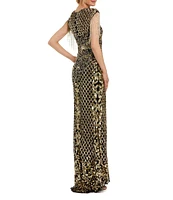 Mac Duggal Sequin Embellished Crew Neck Cap Sleeve Sequin Belt Beaded Fringe Sheath Gown