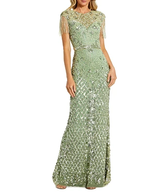 Mac Duggal Sequin Embellished Crew Neck Cap Sleeve Sequin Belt Beaded Fringe Sheath Gown