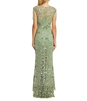 Mac Duggal Sequin Embellished Crew Neck Cap Sleeve Sequin Belt Beaded Fringe Sheath Gown