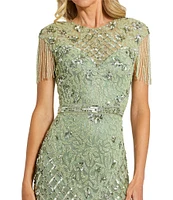Mac Duggal Sequin Embellished Crew Neck Cap Sleeve Sequin Belt Beaded Fringe Sheath Gown