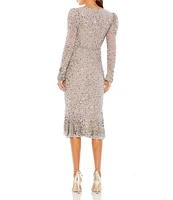 Mac Duggal Sequin Embellished Flounce Hem Surplice V-Neck Long Sleeve Midi Dress