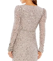 Mac Duggal Sequin Embellished Flounce Hem Surplice V-Neck Long Sleeve Midi Dress