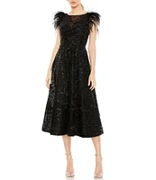 Mac Duggal Sequin Embellished Illusion Boat Neck Feather Shoulder Sleeveless Dress