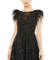 Mac Duggal Sequin Embellished Illusion Boat Neck Feather Shoulder Sleeveless Dress