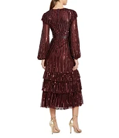 Mac Duggal Sequin Embellished Mesh High Neck Blouson Sleeves Ruffle Dress