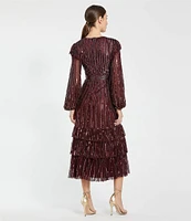 Mac Duggal Sequin Embellished Mesh High Neck Blouson Sleeves Ruffle Dress