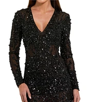 Mac Duggal Sequin Embellished Mesh V-Neck Long Sleeve Sheath Mini Dress