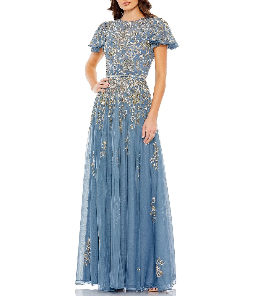 Mac Duggal Sequin Embellished Short Butterfly Sleeve Crew Neck Gown