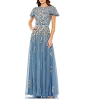 Mac Duggal Sequin Embellished Short Butterfly Sleeve Crew Neck Gown