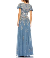 Mac Duggal Sequin Embellished Short Butterfly Sleeve Crew Neck Gown