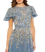 Mac Duggal Sequin Embellished Short Butterfly Sleeve Crew Neck Gown