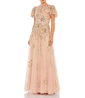 Mac Duggal Sequin Embellished Short Butterfly Sleeve Crew Neck Gown