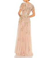 Mac Duggal Sequin Embellished Short Butterfly Sleeve Crew Neck Gown