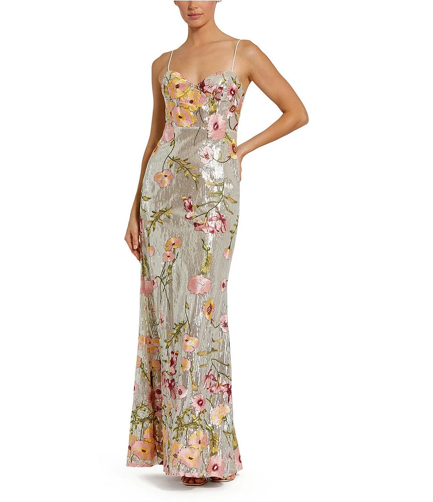 Mac Duggal Sequin Embroidered Floral Sweetheart Neck Sleeveless Spaghetti Straps Chemise Gown