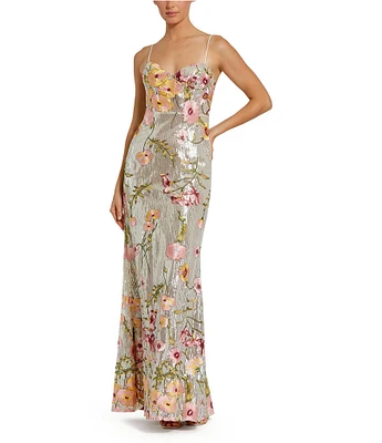 Mac Duggal Sequin Embroidered Floral Sweetheart Neck Sleeveless Spaghetti Straps Chemise Gown