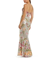 Mac Duggal Sequin Embroidered Floral Sweetheart Neck Sleeveless Spaghetti Straps Chemise Gown