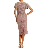 Mac Duggal Sequin Faux Wrap Bodice Short Flutter Sleeve Midi Sheath Dress