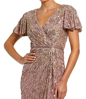 Mac Duggal Sequin Faux Wrap Bodice Short Flutter Sleeve Midi Sheath Dress