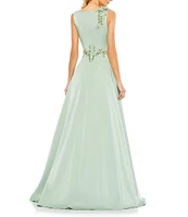 Mac Duggal Sequin Floral Applique Boat Neck Sleeveless Gathered Gown