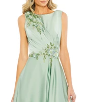 Mac Duggal Sequin Floral Applique Boat Neck Sleeveless Gathered Gown