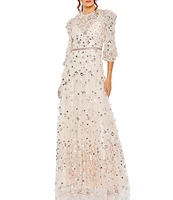 Mac Duggal Sequin Floral Applique Illusion Crew Neck 3/4 Sleeve Gown