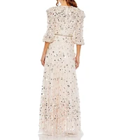 Mac Duggal Sequin Floral Applique Illusion Crew Neck 3/4 Sleeve Gown