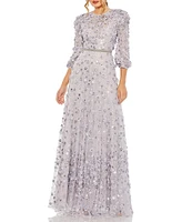 Mac Duggal Sequin Floral Applique Illusion Crew Neck 3/4 Sleeve Gown