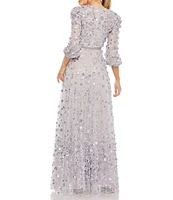 Mac Duggal Sequin Floral Applique Illusion Crew Neck 3/4 Sleeve Gown