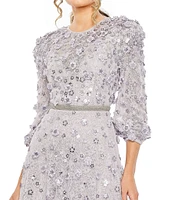 Mac Duggal Sequin Floral Applique Illusion Crew Neck 3/4 Sleeve Gown