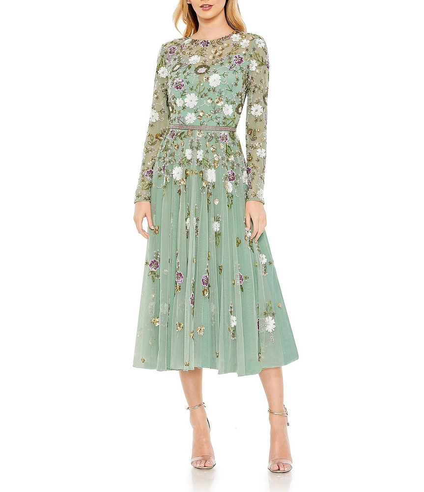 Mac Duggal Sequin Floral Crew Neck Long Sleeve Midi Dress