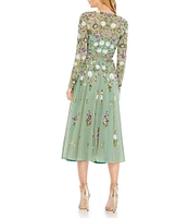 Mac Duggal Sequin Floral Crew Neck Long Sleeve Midi Dress