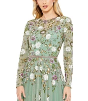 Mac Duggal Sequin Floral Crew Neck Long Sleeve Midi Dress