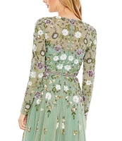 Mac Duggal Sequin Floral Crew Neck Long Sleeve Midi Dress