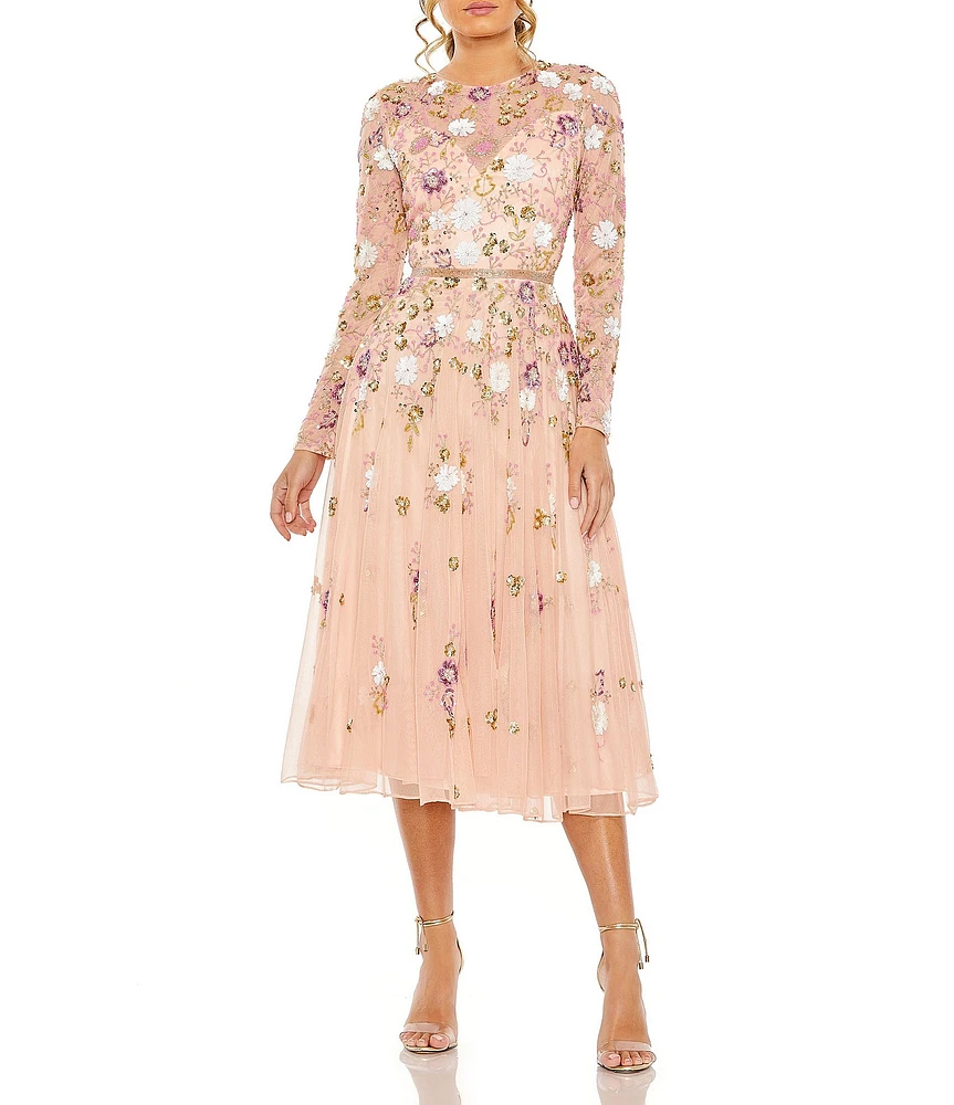 Mac Duggal Sequin Floral Crew Neck Long Sleeve Midi Dress