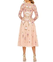 Mac Duggal Sequin Floral Crew Neck Long Sleeve Midi Dress