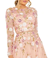Mac Duggal Sequin Floral Crew Neck Long Sleeve Midi Dress