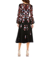 Mac Duggal Sequin Floral Print Jewel Neck Long Puffed Sleeve Midi Dress