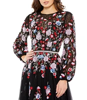 Mac Duggal Sequin Floral Print Jewel Neck Long Puffed Sleeve Midi Dress