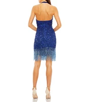 Mac Duggal Sequin Halter Keyhole Neck Sleeveless Fringe Hem Mini Dress