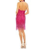 Mac Duggal Sequin Halter Keyhole Neck Sleeveless Fringe Hem Mini Dress